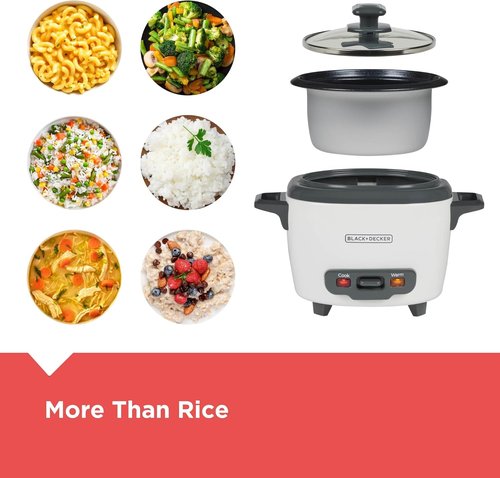 BLACK+DECKER 3-Cup Rice Cooker - One-Touch Operation, Removable Non-Stick Bowl, Steaming Basket | White
