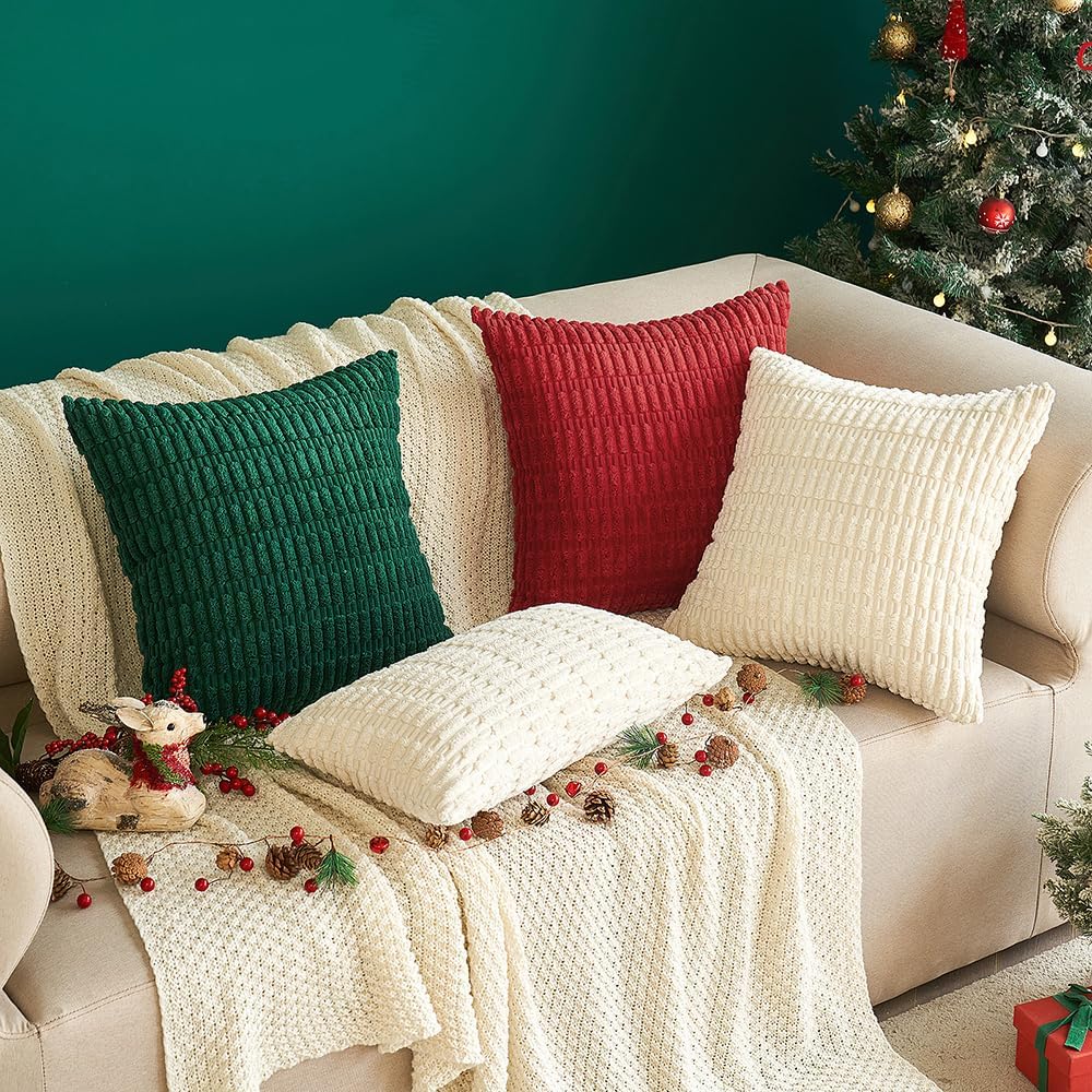 MIULEE Euro Sham Pillow Covers - Soft Boho Striped Corduroy | 24x24 Inch Cream White Decor for Sofa & Bed