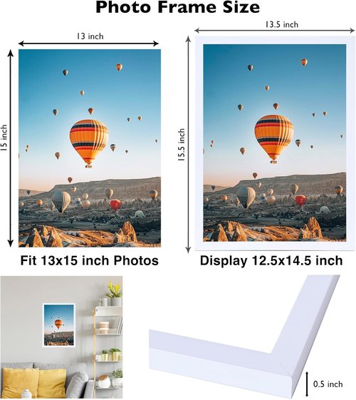 JCJMY 13x15 Picture Frame - White Wall Mount for Horizontal or Vertical Display | Shatter-Resistant Plexiglass