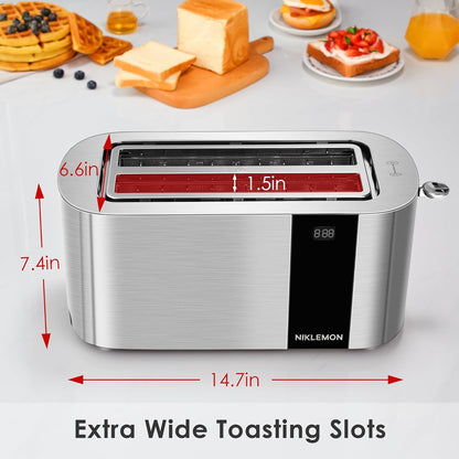 NIKLEMON Stainless Steel 4-Slice Toaster - LED Display, Extra Wide Slots, Touch Buttons, 1300W