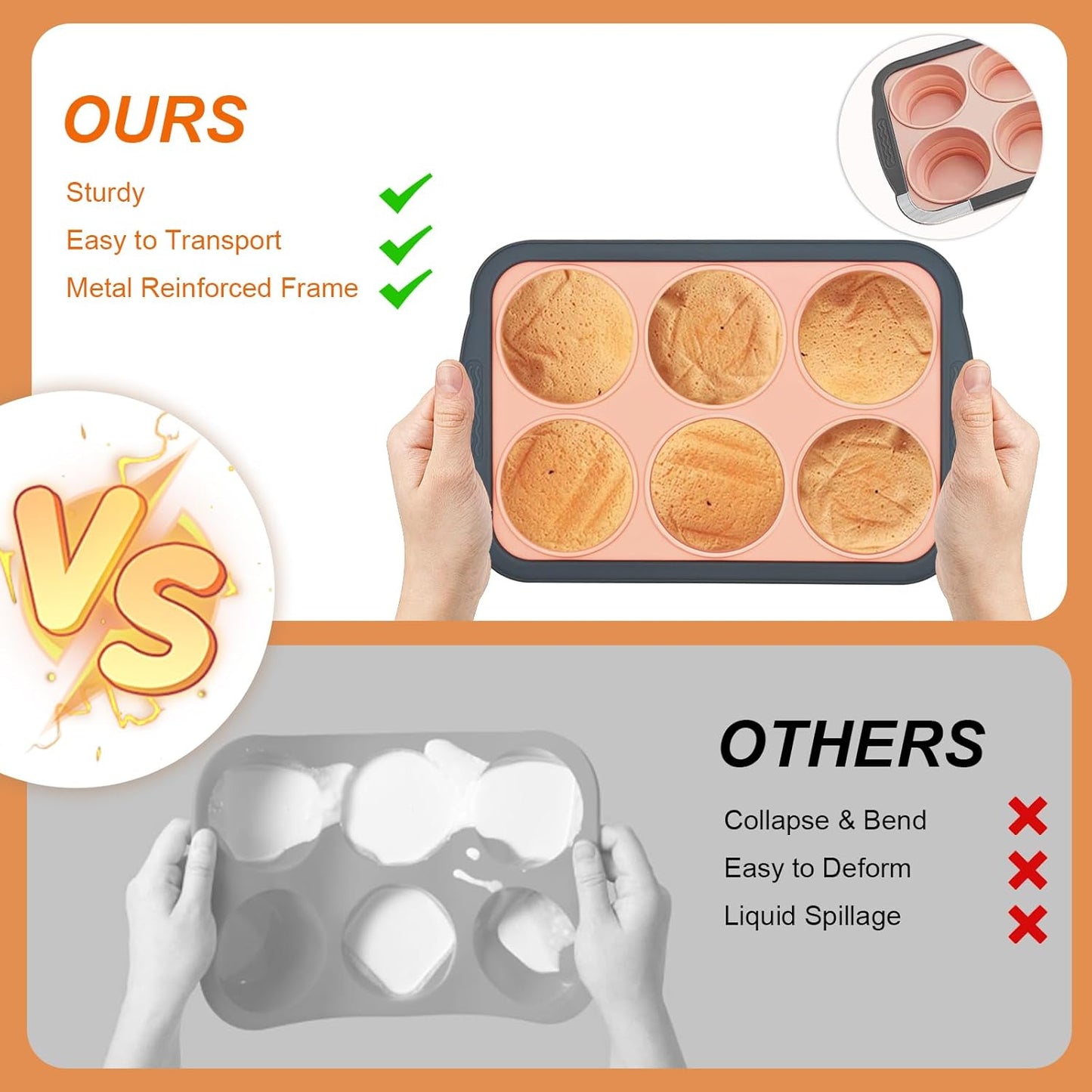 Skiennix Silicone Muffin Pan - 6 Cup Nonstick Baking Molds | BPA-Free, Easy to Clean, Pink