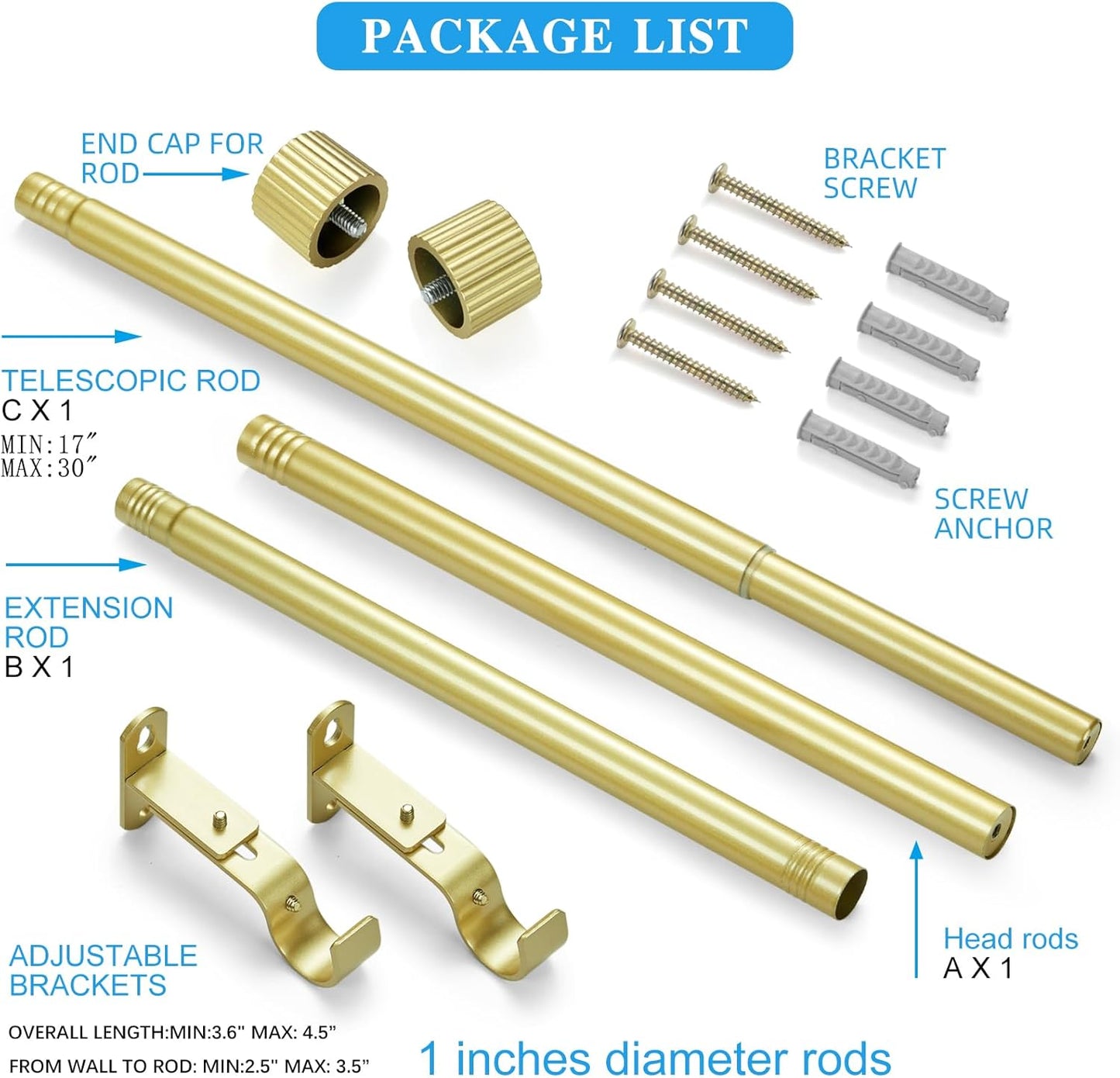 Regine Switzerland Curtain Rods - 1 Inch Diameter Drapery Rod with Elegant Cylindrical Finials | Gold, 16" to 48"