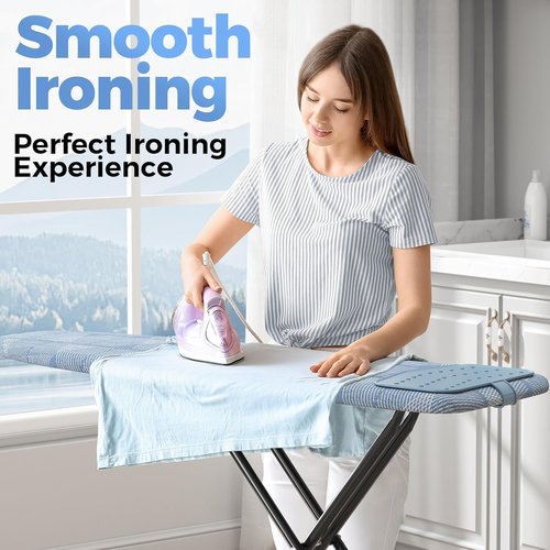 KINGBOARD Compact Ironing Board - Heat Resistant Cover, 7 Height Adjustable, Foldable | 13x43 Blue
