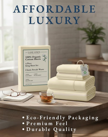 LANE LINEN 100% Organic Cotton Sheets King Size - 4 Pc Bed Sheets King Size, Soft & Breathable Cotton Sheets Set, Percale Sheet & Pillowcase Sets, deep Pocket Sheets Set - Natural