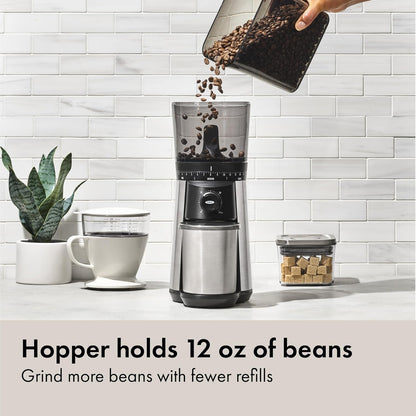 OXO Brew Conical Burr Coffee Grinder - One-Touch Automatic Grind, Silver Stainless Steel Design