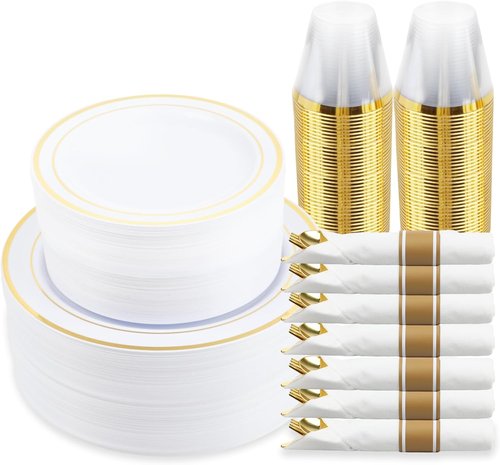 MCIRCO 350-Piece Gold Dinnerware Set - Elegant Disposable Plates, Cups & Napkins for 50 Guests