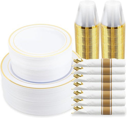 MCIRCO 350-Piece Gold Dinnerware Set - Elegant Disposable Plates, Cups & Napkins for 50 Guests