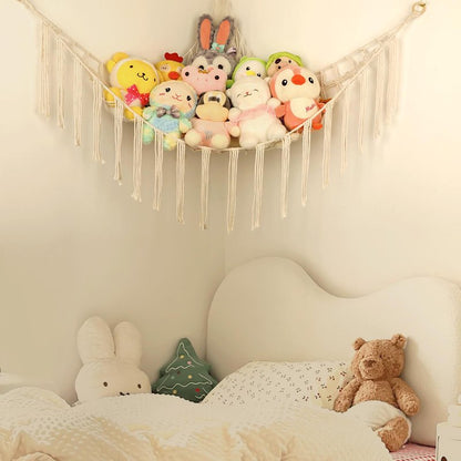Stuffed Animal Hammock Corner, Hand-knitted Large Plushie Net Toy Hammock with Wooden Rings | Boho Cute Stuff Animal Storage for Nursery & Bedroom | Mesh Kids Toy Organizer Holder Nursery Room Decor