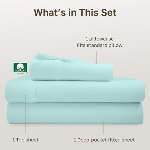 California Design Den Twin Bed Sheet Set - 100% Cotton, 400 Thread Count, Smooth Sateen Finish, Seafoam Color