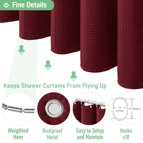 Dynamene Stall Shower Curtain - 60 inch Waffle Weave Heavy Duty Thick Fabric Shower Curtains for Bathroom, Weighted Hotel Spa Luxury Cloth Bath Curtain Set with 10 Plastic Hooks, 60x72, Burgundy