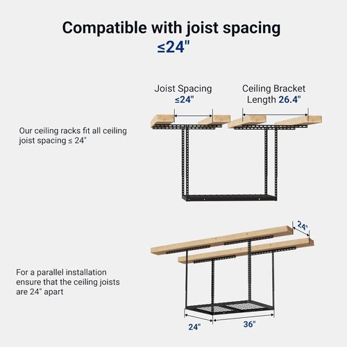 FLEXIMOUNTS 2x3 Overhead Garage Storage Rack - Adjustable Heavy-Duty Metal Ceiling Organizer | 155lbs Capacity, Black