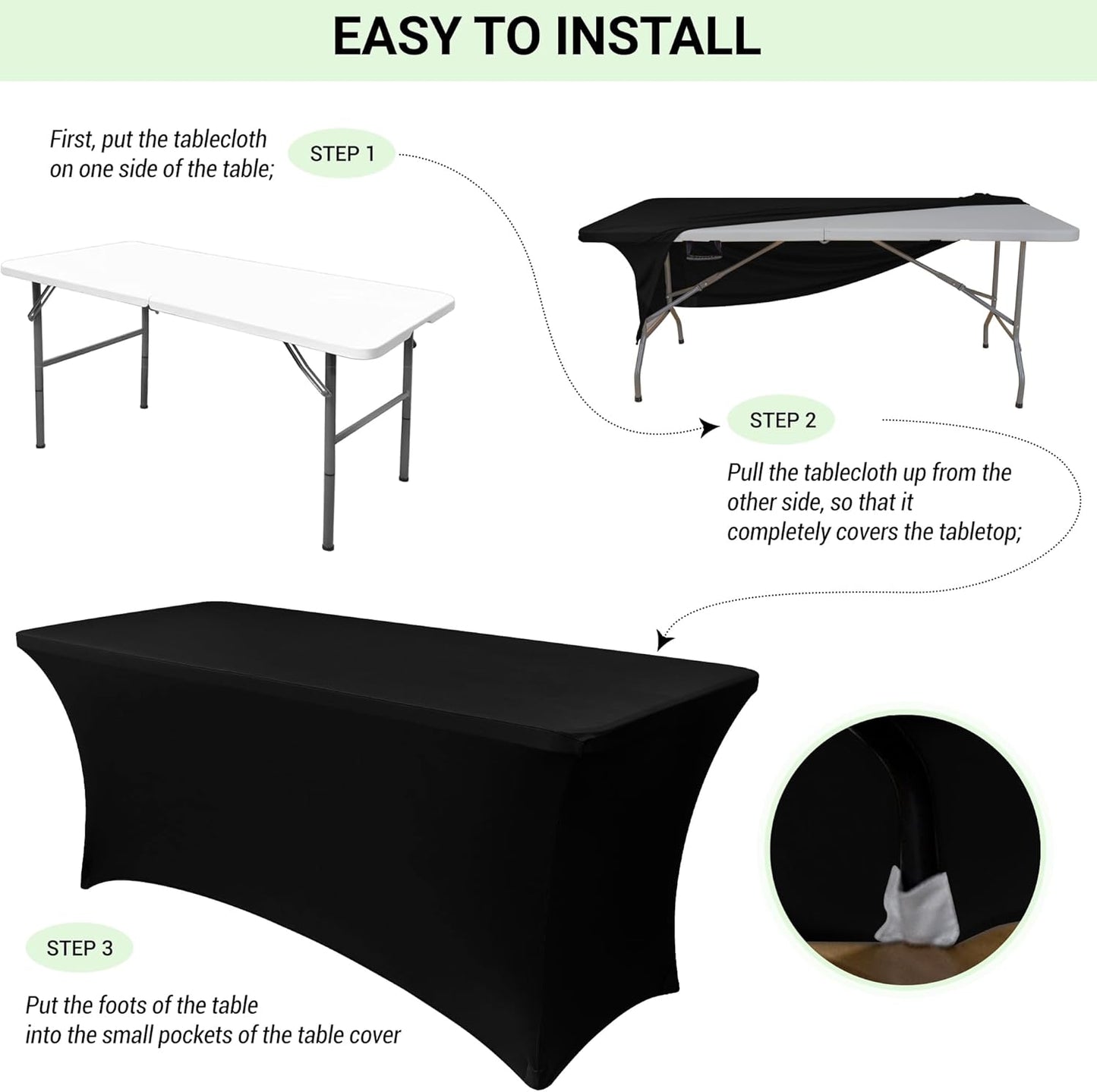 Obstal 8 FT Stretch Spandex Table Covers - Universal Fitted Tablecloth for Weddings & Parties | Black
