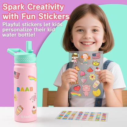 Baab 18oz Insulated Kids Water Bottle - Leakproof Stainless Steel with Straw & Stickers | Pink