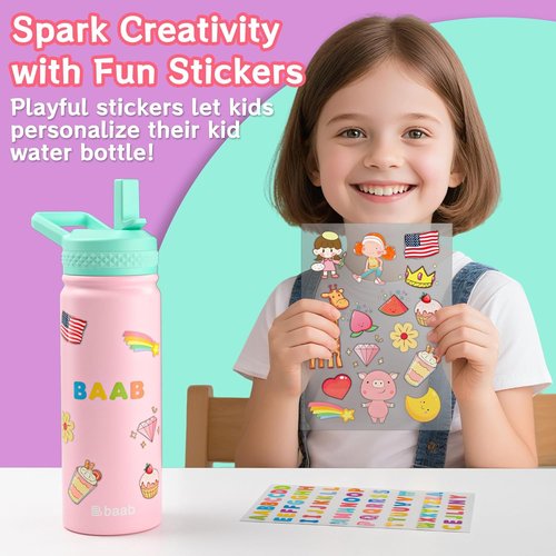 Baab Insulated Kids Water Bottle - 18oz Stainless Steel Straw Cup with Stickers | Pink & Purple, 2 Pack
