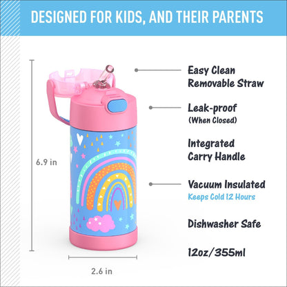 THERMOS FUNTAINER Water Bottle - 12 Ounce Kids Stainless Steel Vacuum Insulated with Straw | Rainbow Dreams