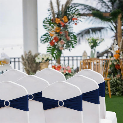 Skiennix Navy Blue Chair Sashes - 100 Pack Spandex Chair Bands with Buckles for Events & Parties