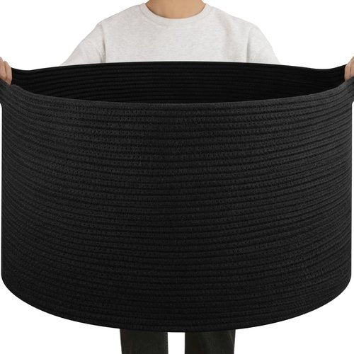 OIAHOMY 90L Blanket Basket for Living Room, Large Basket 23" x 23" x 13" with Handle, Laundry Hamper for Blankets, Pillows, Toy Storage for Kids, Dogs - Black