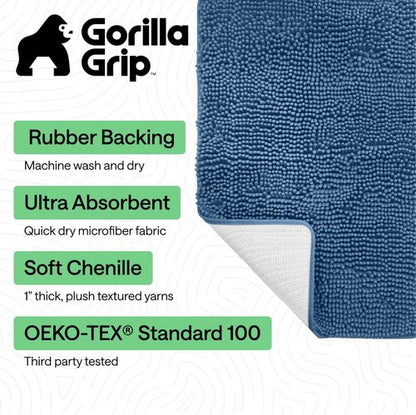 GORILLA GRIP Bath Rug Mat - Soft Absorbent Chenille | Quick-Dry Microfiber, 48x17, Blue
