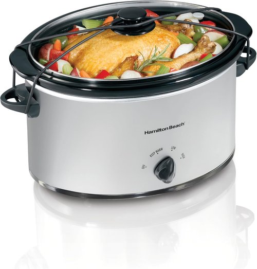 Hamilton Beach 7-Quart Portable Slow Cooker - Serves 8+ | Dishwasher Safe with Lid Latch Strap, Brushed Silver