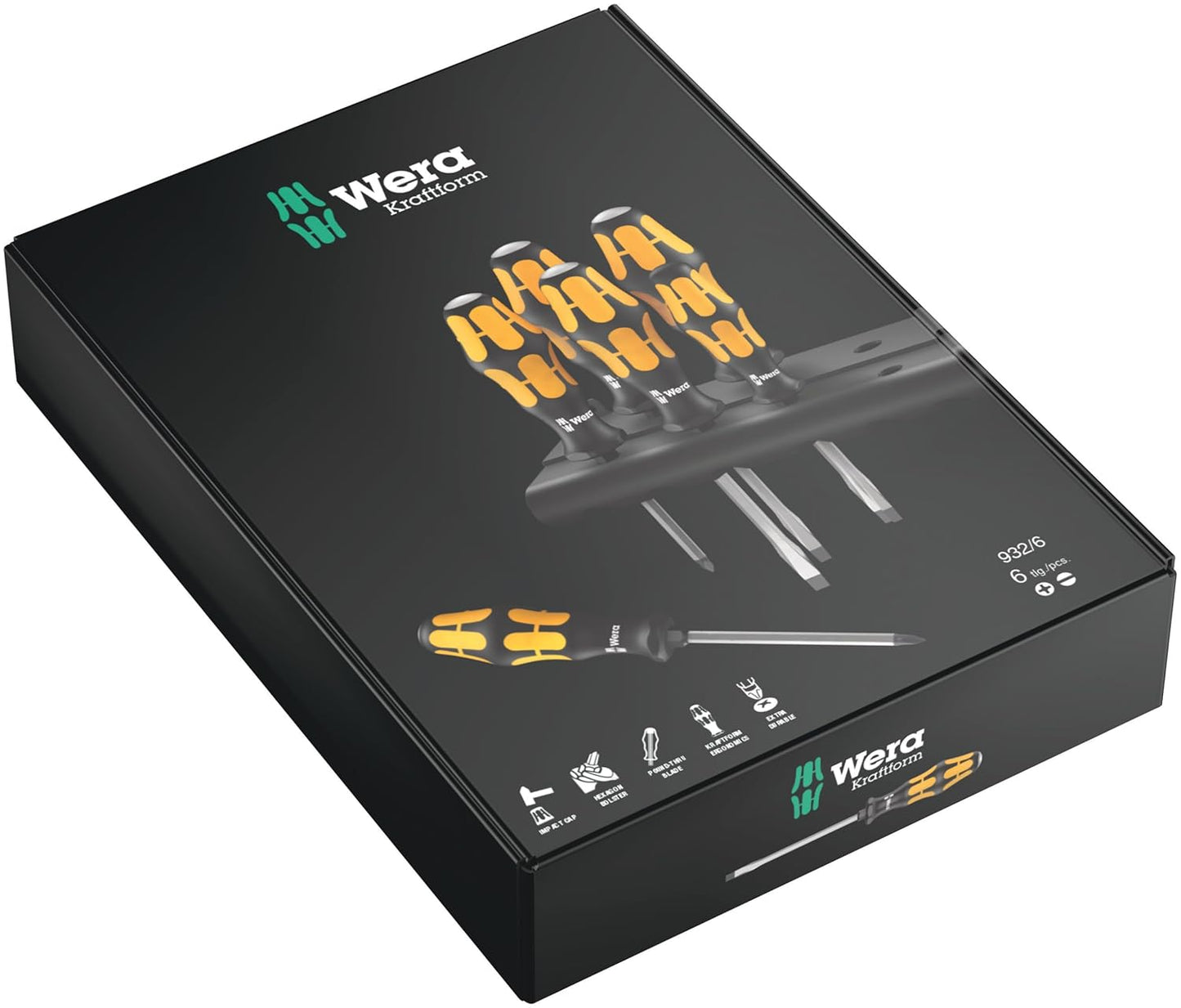 Wera 932/6 Kraftform Plus Screwdriver Set - 6-Piece Ergonomic Design with Rack for Easy Storage