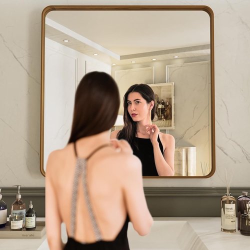 LOAAO Bathroom Mirror - 36x36 Inch Rounded Rectangle with Wood Grain Metal Frame | Anti-Rust, Versatile Hanging Options
