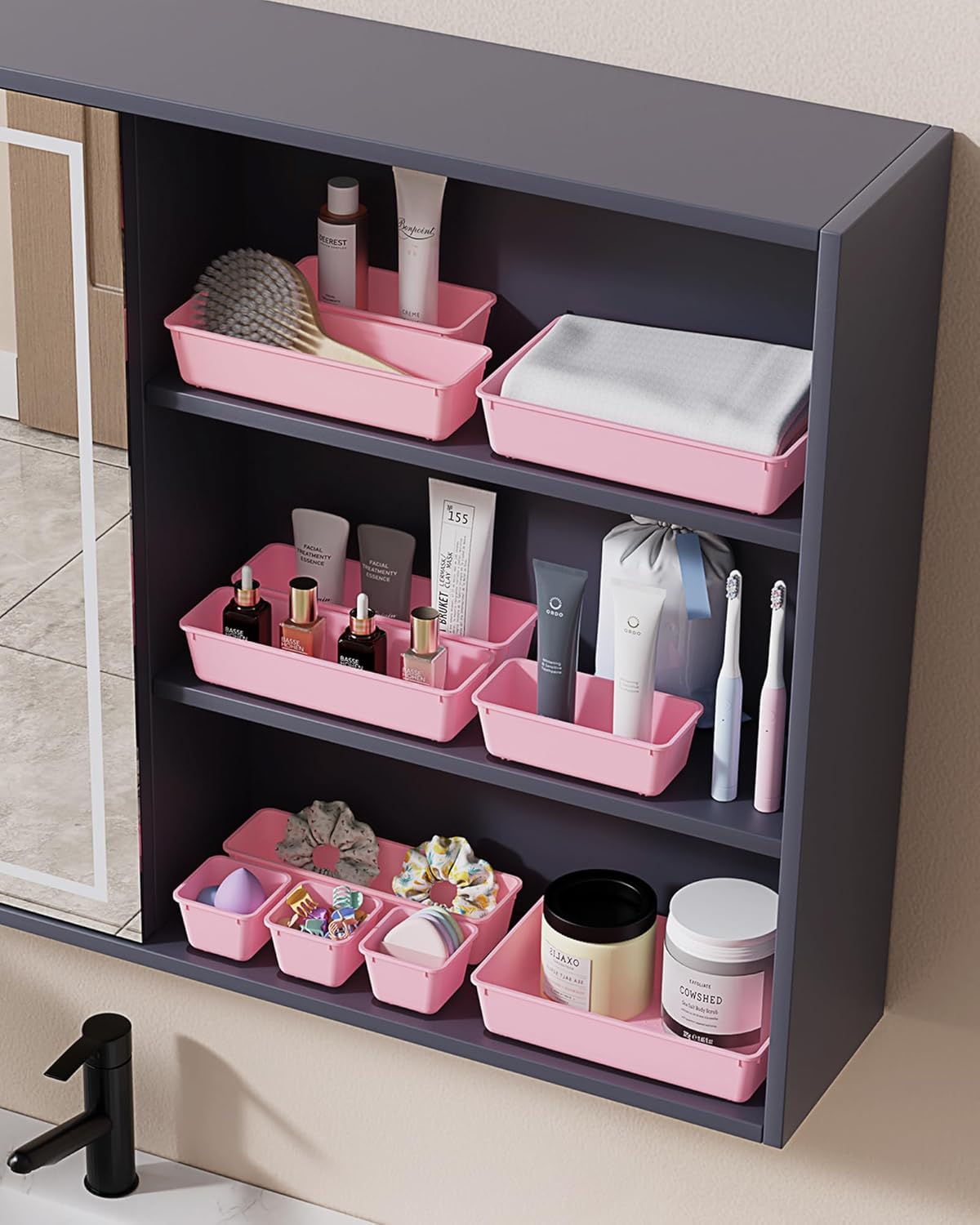 BiuLeon 25 PCS Plastic Drawer Organizers Set - Versatile Vanity & Makeup Storage | 4 Sizes in Pink