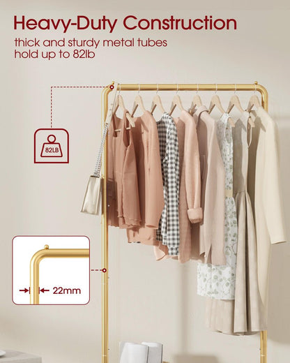 Sakugi Clothes Rack - Clothing Rack with Storage Mesh Shelf & Casters, Heavy-Duty Metal Clothing Rack for Hanging Clothes, Dresses, Coats, Large Load Capacity, Easy Assembly, Gold, 28.0"x16.9"x59.0"