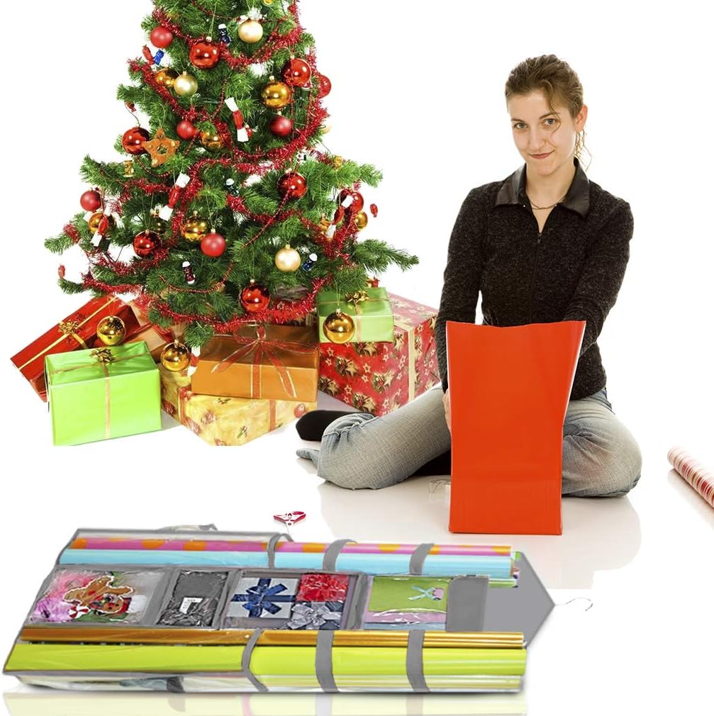 ProPik Christmas Wrapping Paper Storage Organizer - Double-Sided with Multiple Pockets, 40"X17" Clear PVC Bag (Grey)