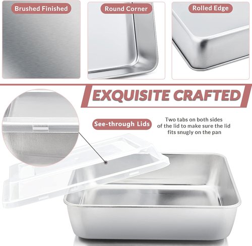 E-far Square Cake Pan Set - 6/8/9-Inch Stainless Steel Bakeware with Lids | Non-Toxic & Dishwasher Safe - 6 Pieces