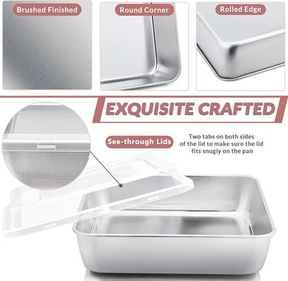 E-far Square Cake Pan Set - 6/8/9-Inch Stainless Steel Bakeware with Lids | Non-Toxic & Dishwasher Safe - 6 Pieces
