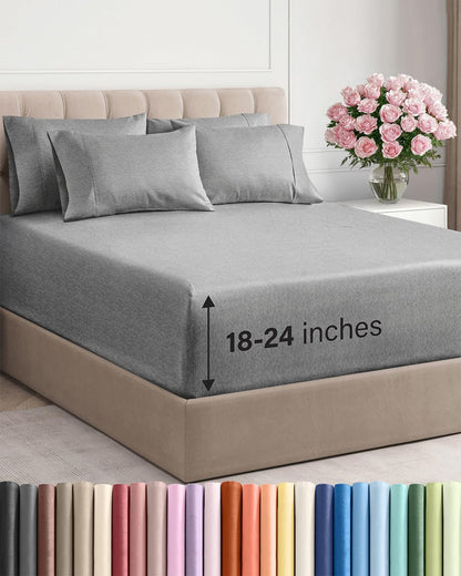 Skiennix Extra Deep Full Sheet Set - 6 Piece Breathable Cooling Sheets - Luxury Hotel Bedding in Heathered Grey