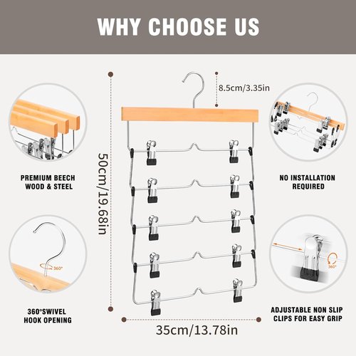 DOIOWN Skirt Hangers - Space-Saving Beechwood Clips for Women | 3-Pack 5-Tier Closet Organizer