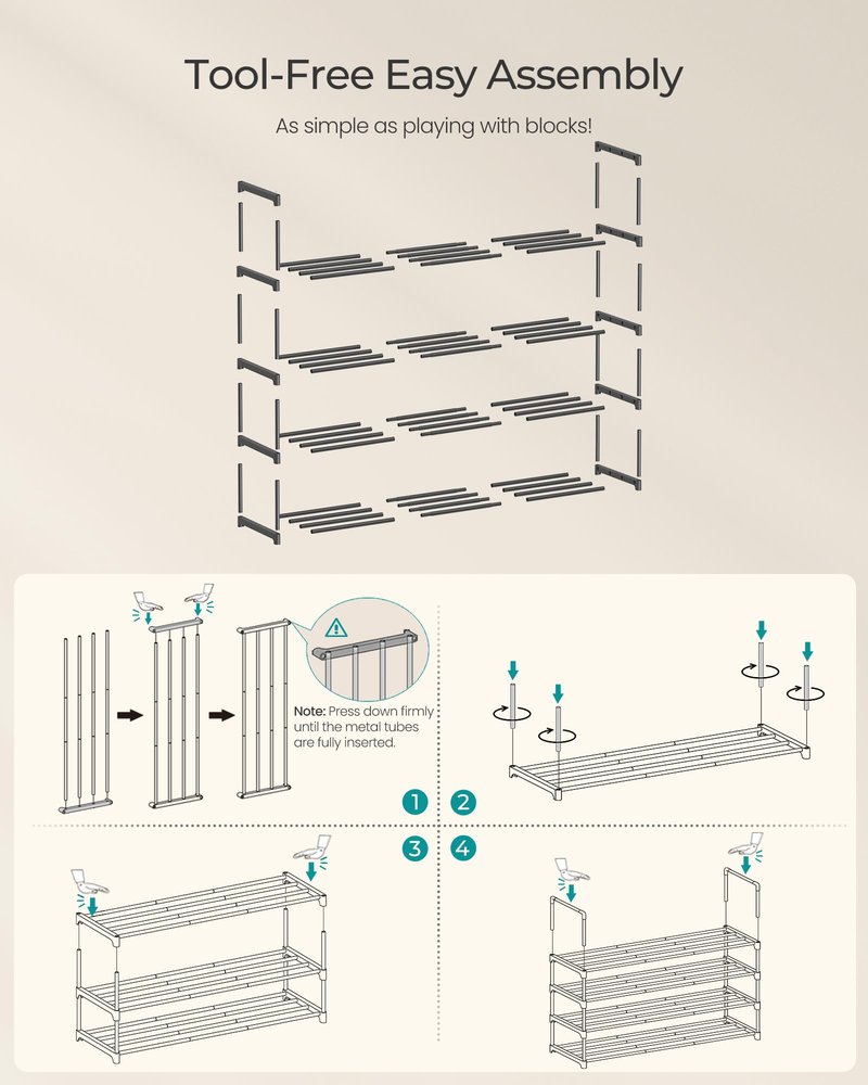 SONGMICS Shoe Rack, 4-Tier Shoe Organizer, Metal Storage Shelf, Upright or Upside Down, for 20-25 Pairs, Stackable, for Entryway, 11.8 x 36.2 x 29.1 Inches, Black ULSA14BK