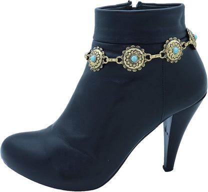 Skiennix Women's Western Antique Metal Boot Chain Anklet - Turquoise Blue Bead Flower Charm