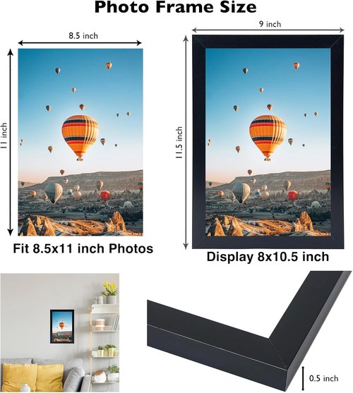 JCJMY 8.5x11 Inch Black Picture Frame - Shatter Resistant Plexiglass for Certificates & Photos | Horizontal & Vertical Display