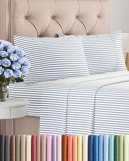 King Size 4 Piece Sheet Set - Comfy Cooling Bed Sheets - Luxury Hotel Quality | Deep Pockets, Soft, Wrinkle-Free - Blue Stripes