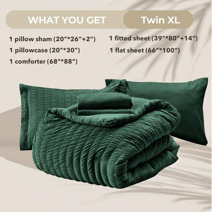 HYMOKEGE Emerald Green Twin XL Comforter Set Seersucker 5 Pieces, All Season Luxury Bed in a Bag for Bedroom, Bedding Set with Comforter, Sheets, Pillowcase & Sham