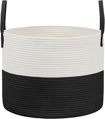 JMvicyroam Extra Large Blanket Basket - Woven Cotton Rope Laundry Hamper with Reinforced Handles | White & Black