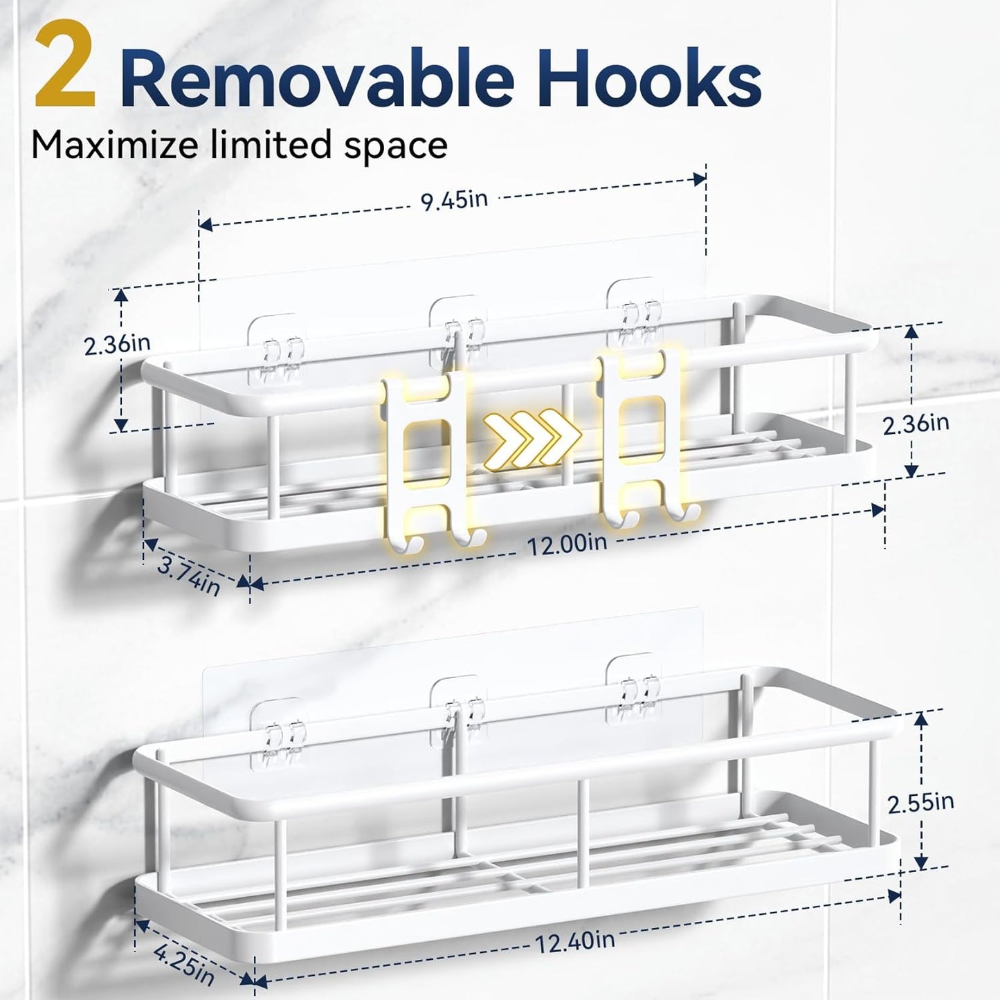 YASONIC Shower Caddy - No Drill Wall-Mounted Organizer with Removable Hooks | Rust-Proof, White, 2 Pack