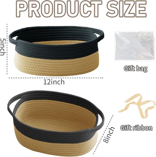 JMvicyroam Woven Basket - Small Rope Storage Bin with Handles for Organizing Shelves | Black & Jute, 3-Pack
