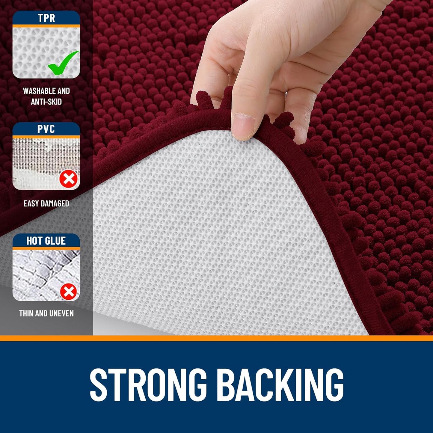 OLANLY Bathroom Runner Rugs - Soft Absorbent Chenille with Rubber Backing | 44x24 Inches, Burgundy
