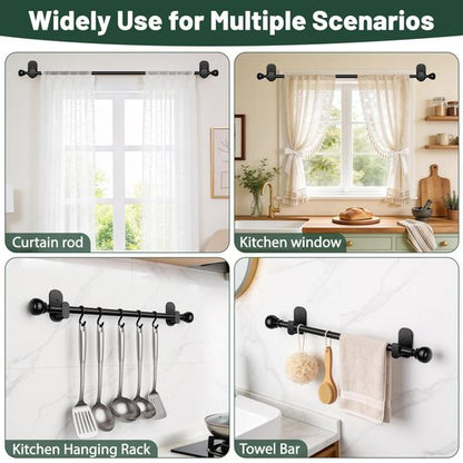 Black No Drill Curtain Rods for Windows 48 to 84 Inches, USFOOK 5/8 Inch Curtain Rods No Drilling with 3M Adhesive Holders, Adhesive Drapery Rod with Round Finials