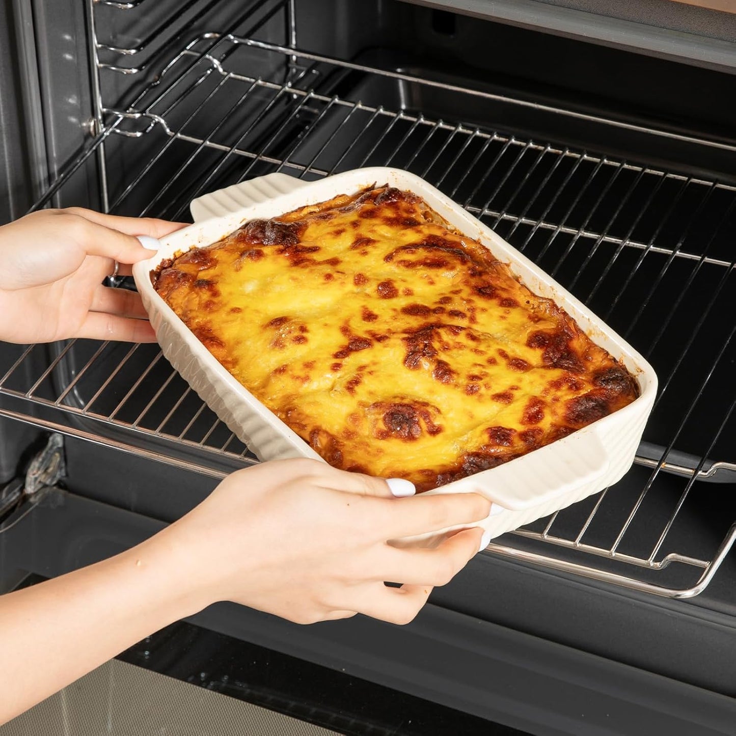 Sweejar Ceramic Baking Dish Set - Porcelain Striped Casserole Dishes with Handle for Lasagna | Beige