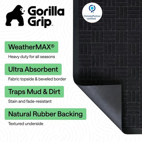 GORILLA GRIP Waterproof All-Season WeatherMAX Doormat - 72x24 Natural Rubber, Stain & Fade Resistant, Easy Clean Black Maze
