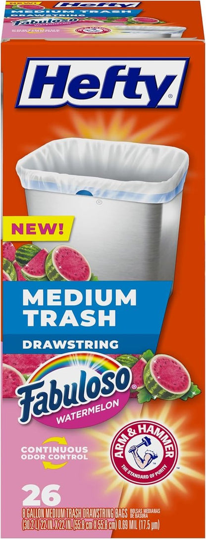Hefty Medium Trash Bags - Watermelon Scented | 8 Gallon Size, 26 Count Pack