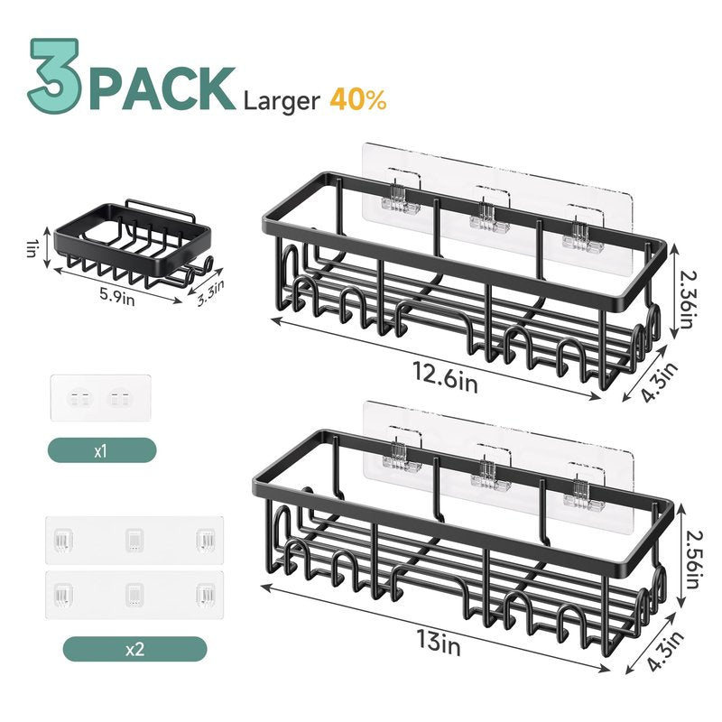 Veken Shower Caddy 3-Pack, Advanced Rustproof Design, No Drilling Adhesive Shelves, Rack with Soap Holder, Large Capacity Bathroom Organizers and Storage, Wall-Mounted Kitchen & Home Decor, Black