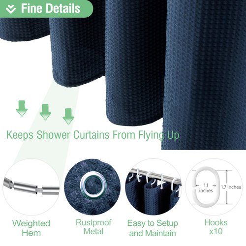 Dynamene Stall Fabric Shower Curtain - 54 inch Wide Waffle Weave Weighted Thick Cloth Shower Curtains for Bathroom, Heavy Duty Hotel Spa Luxury Bath Curtain Set with 10 Hooks, 54x72, Navy Blue