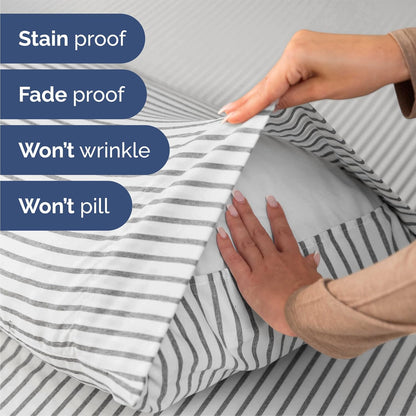 Skiennix Queen Size 4-Piece Sheet Set - Comfy Breathable Cooling Bedding - Soft Wrinkle-Free Grey Stripes