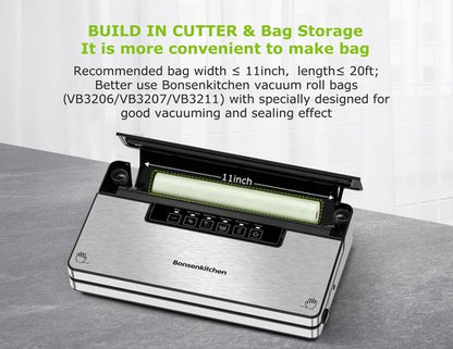 Bonsenkitchen Vacuum Sealer Machine - Stainless Steel Food Sealer with 5 Modes & Built-in Cutter | Silver Black