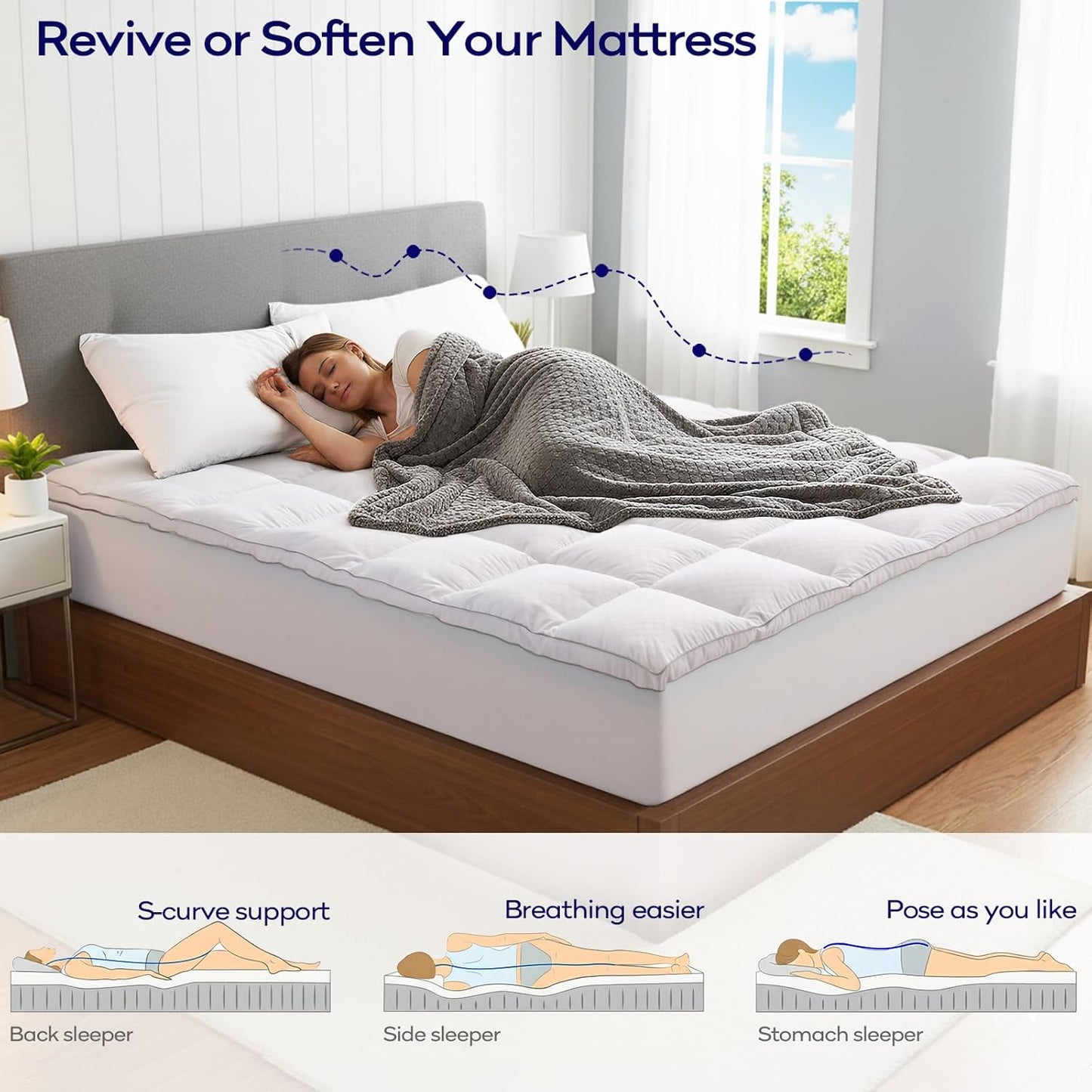 OLANLY Memory Foam Mattress Topper - 4 Inch Queen Size with Cooling Pillow Top & Gel Layer, White